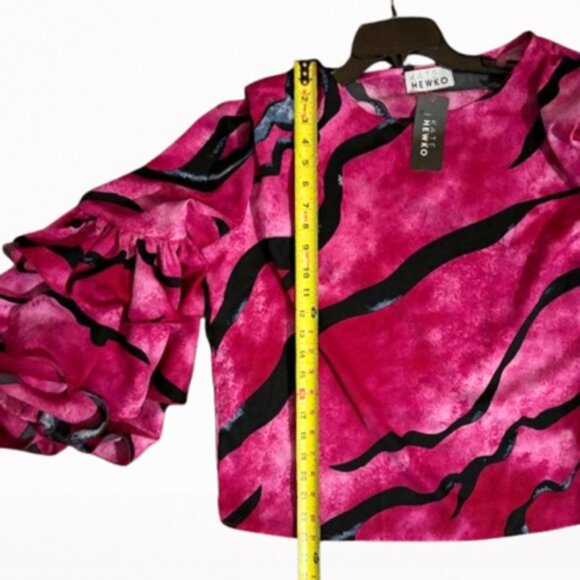 NWT Kate Hewko Runway to Reality Pink/Black Ruffled Sleeve Blouse Top SZ OS - Picture 8 of 11